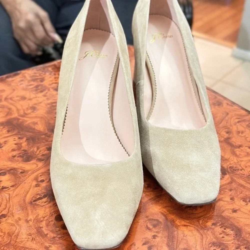 Suede Light Tan Block Heeled Pumps size 9.5